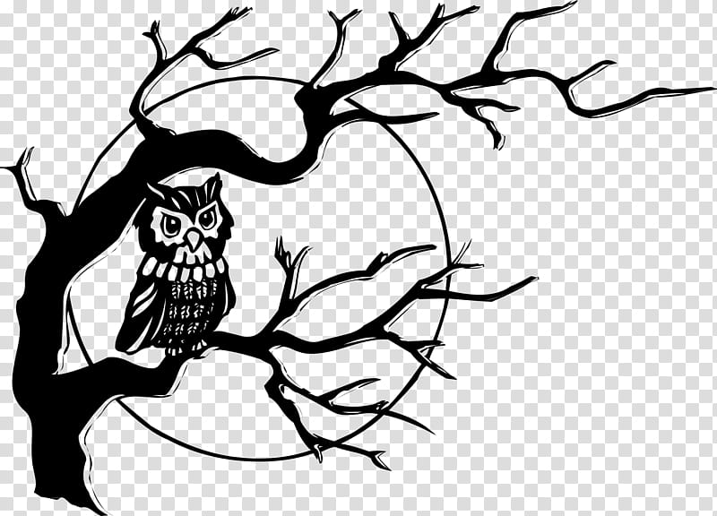 branch owl bird head twig, Blackandwhite, Line Art, Tree, Leaf transparent background PNG clipart