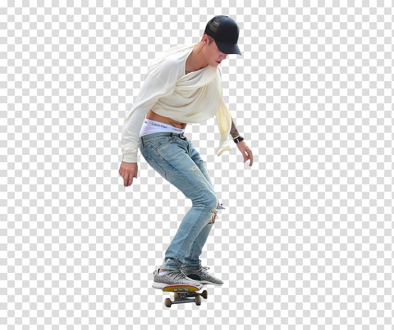 Justin Bieber , man wearing white long-sleeved shirt while riding on skateboard transparent background PNG clipart