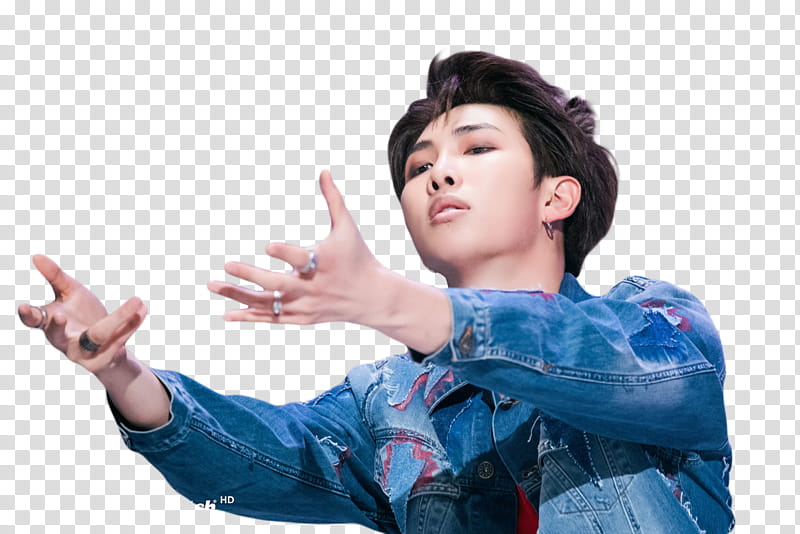 Namjoon BTS, man wearing blue denim button-up jacket transparent background PNG clipart
