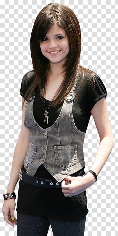 Famosas, smiling Selena Gomez in grey denim vest transparent background PNG clipart