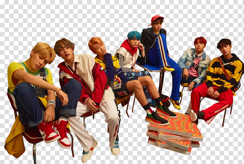 BTS  Boom Shakalaka s, Bangtan Sonyeondan sitting on chairs and table transparent background PNG clipart