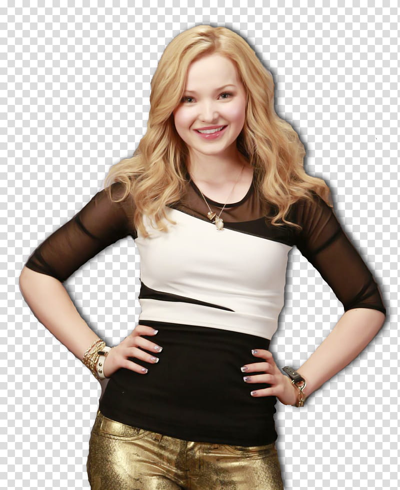 Dove Cameron, smiling Liv Rooney wearing black-and-white crew-neck elbow-sleeved shirt and gold-colored bottoms outfit transparent background PNG clipart