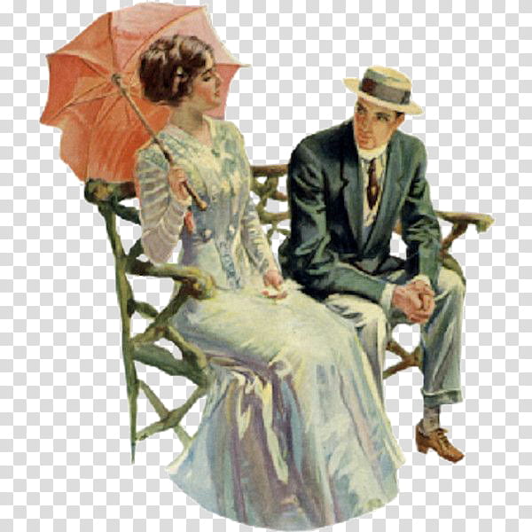 Vintage ll, man and woman sitting on brown bench art transparent background PNG clipart