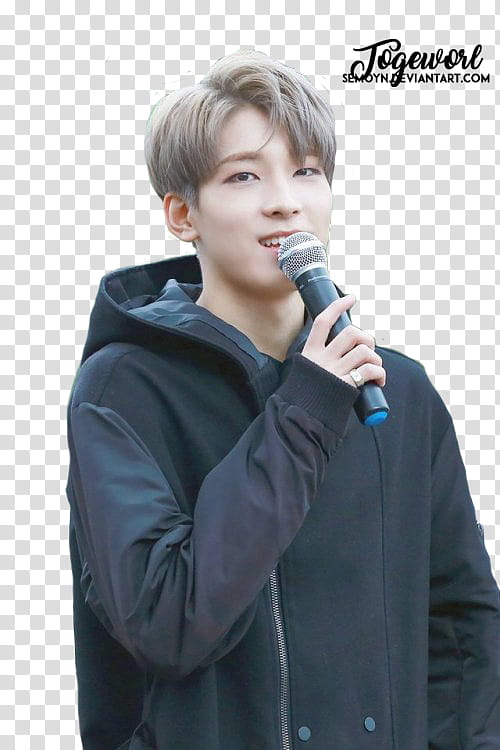 WONWOO FANTAKEN, man holding microphone wearing black hoodie transparent background PNG clipart