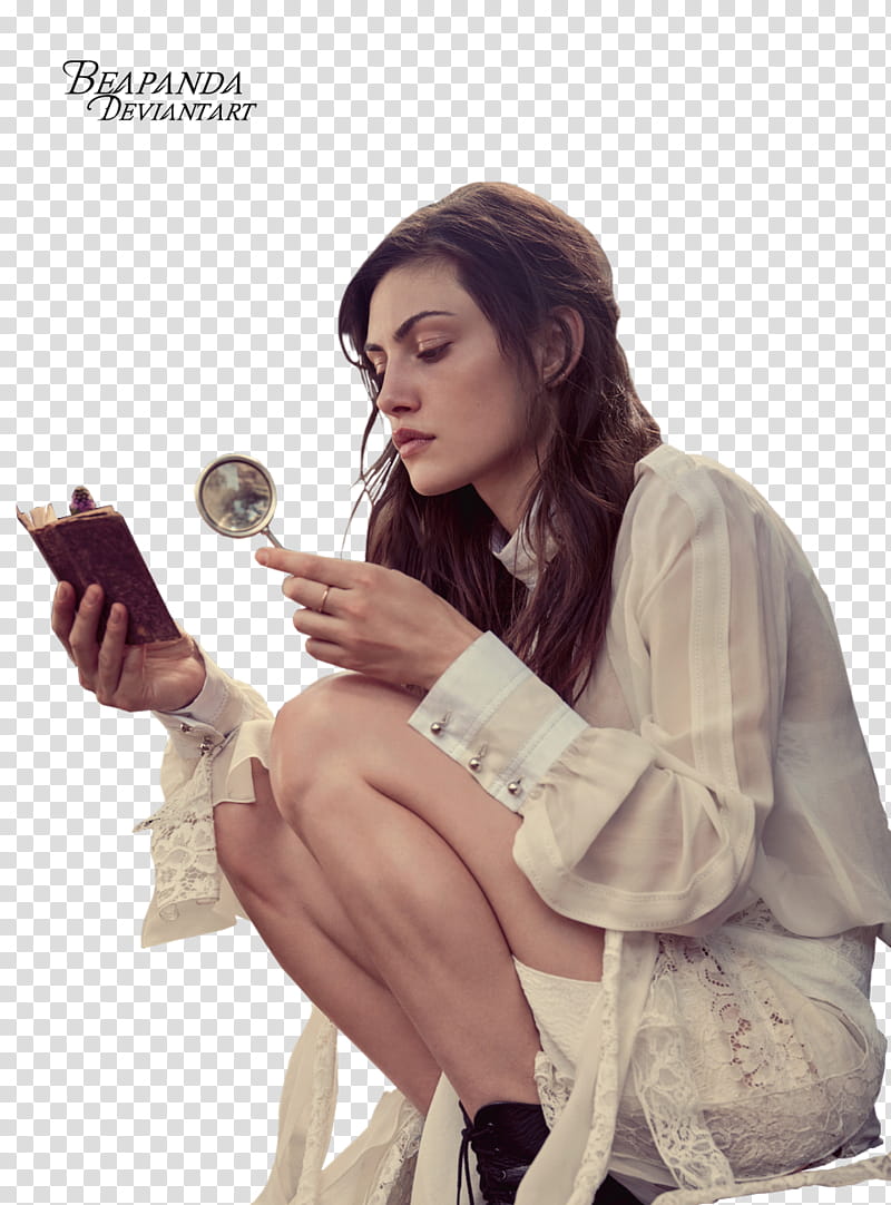 Phoebe Tonkin, woman holding magnifying glass and book transparent background PNG clipart