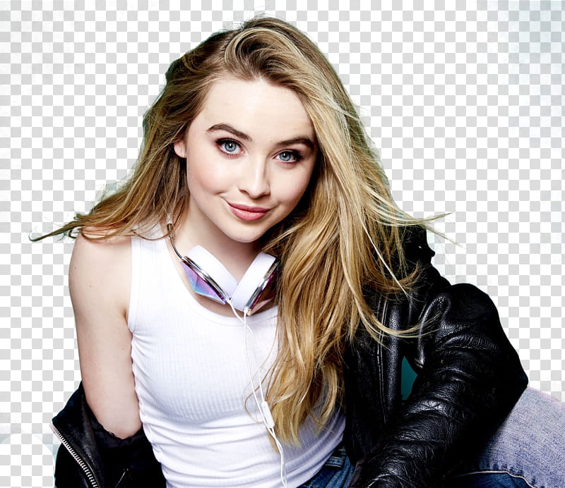 Sabrina Carpenter , smiling woman wearing white sleeveless top and black leather jacket transparent background PNG clipart