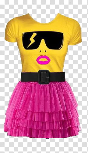 Vestido, yellow and black woman's face graphic crew-neck t-shirt and pink skirt illustration transparent background PNG clipart