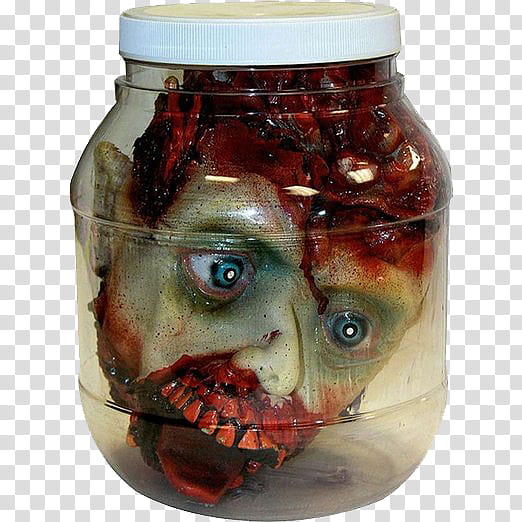 B L O O D Y P A R T S, zombie head on jar Halloween decor transparent background PNG clipart