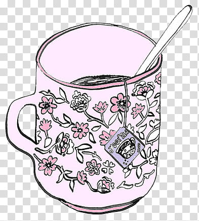 , pink and white floral mug with tea and spoon art transparent background PNG clipart