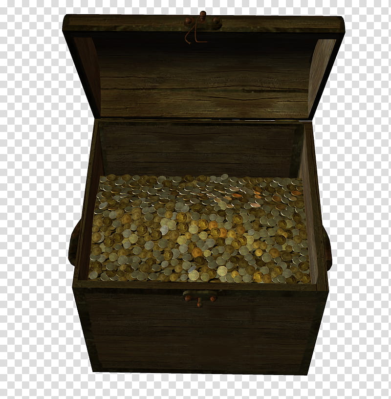 Sea Chest , open and showing coins inside brown wooden box transparent background PNG clipart