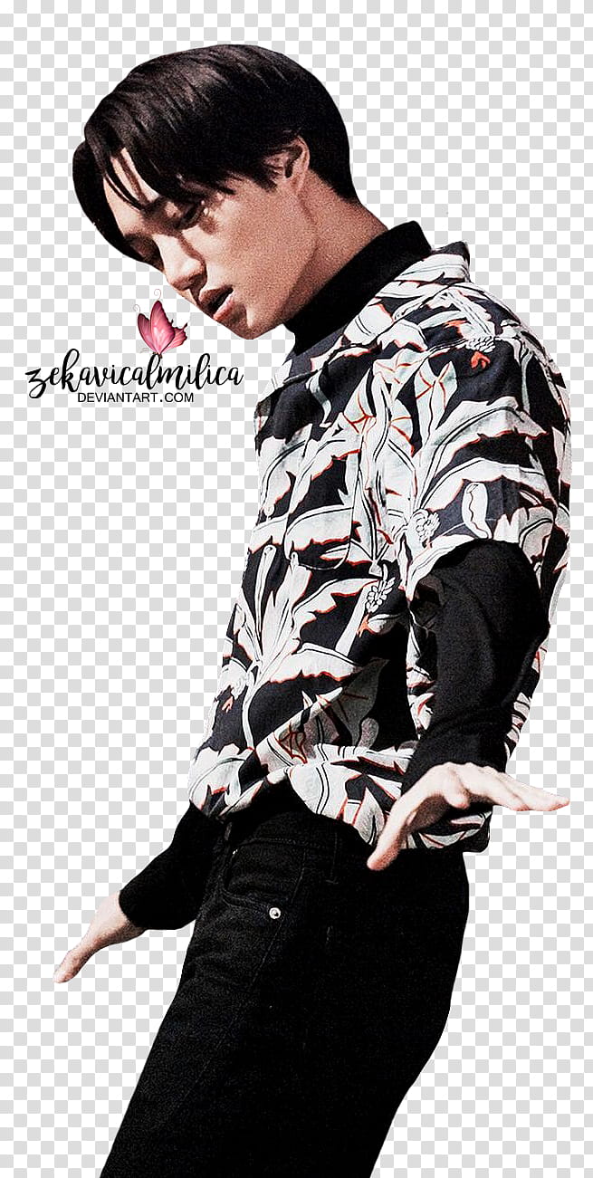 EXO Kai Levi s, man wearing black and white floral sweatshirt and black denim jeans transparent background PNG clipart