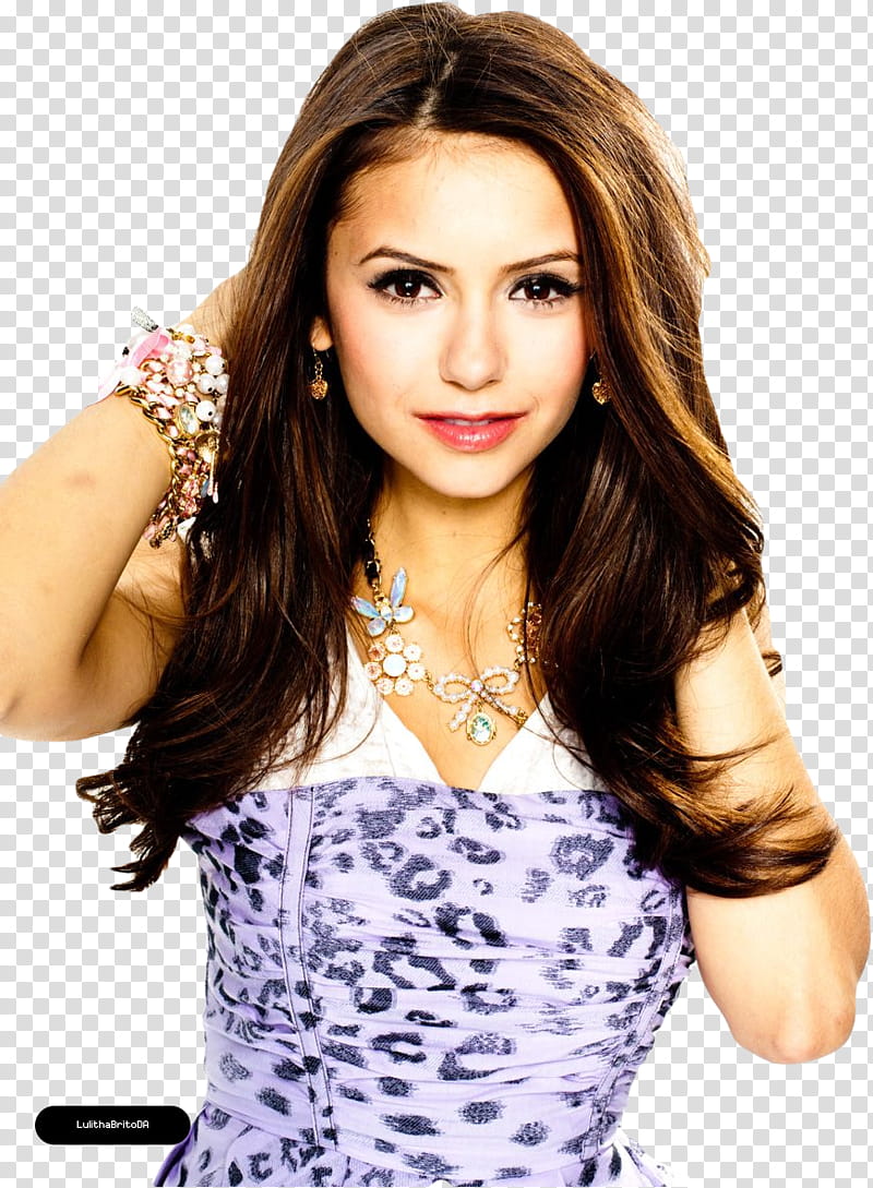 Nina Dobrev HQ, woman in white and purple leopard print dress holds hair transparent background PNG clipart