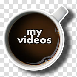 CoffeePause dock icons, coffee my videos, white ceramic mug with my videos text overlay transparent background PNG clipart