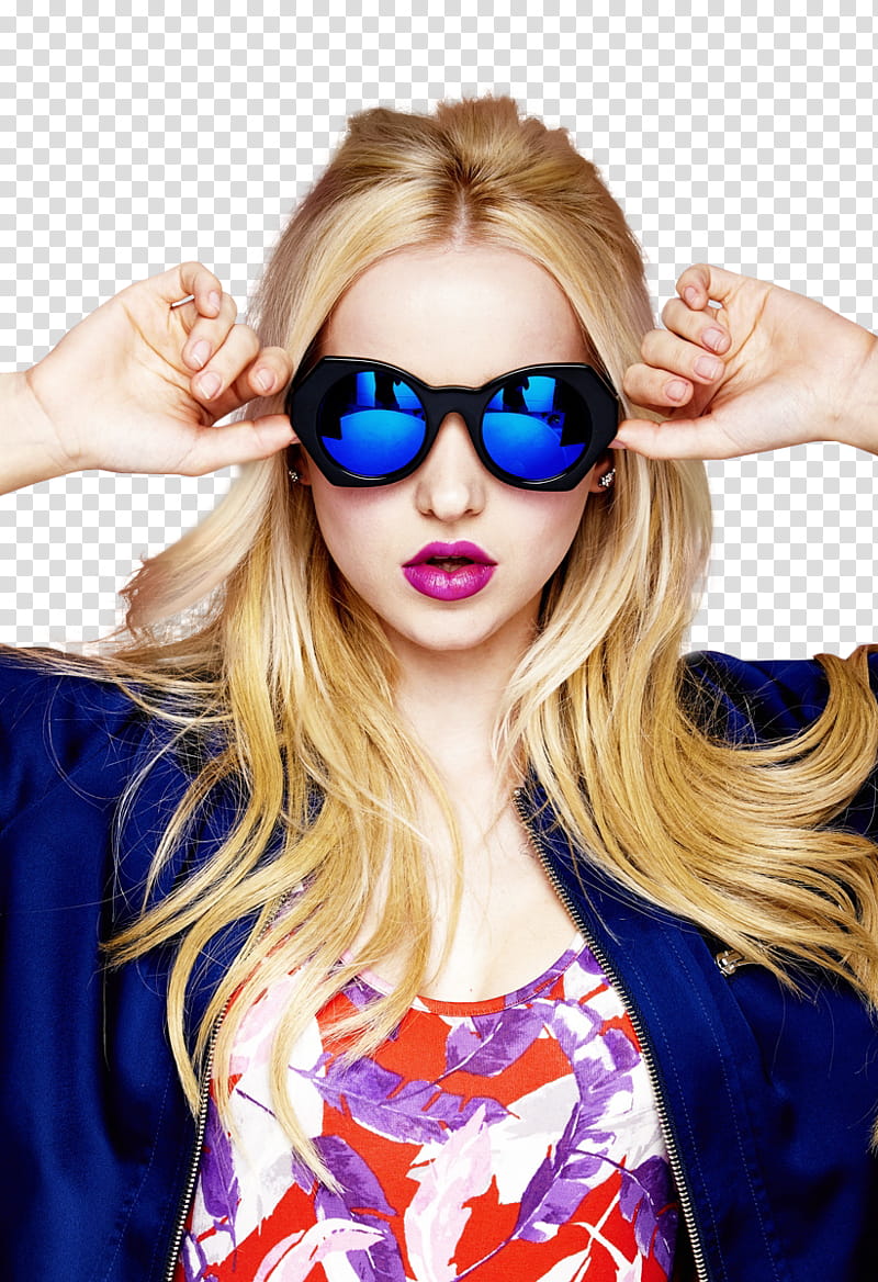 Dove Cameron, woman wearing blue lens sunglasses with black frame transparent background PNG clipart