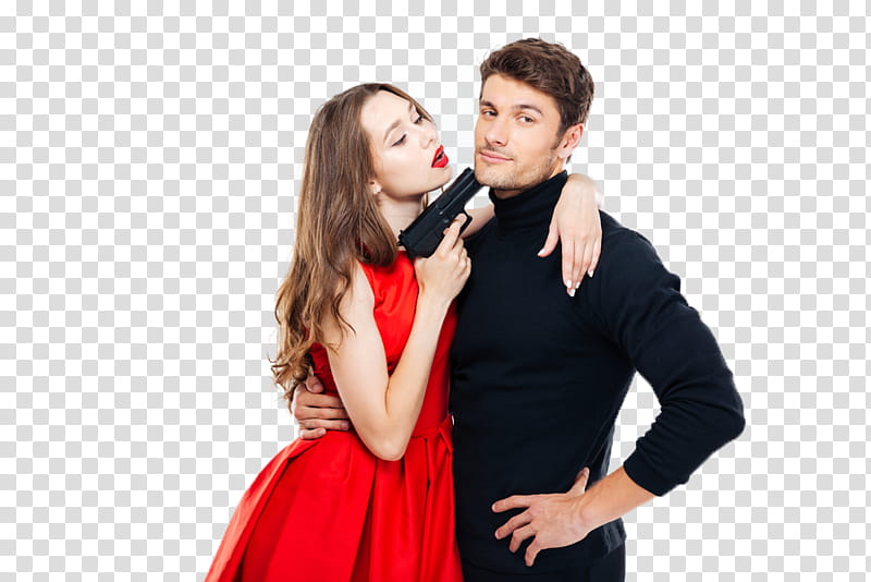 COUPLE , woman in red dress holds gun in front of man transparent background PNG clipart