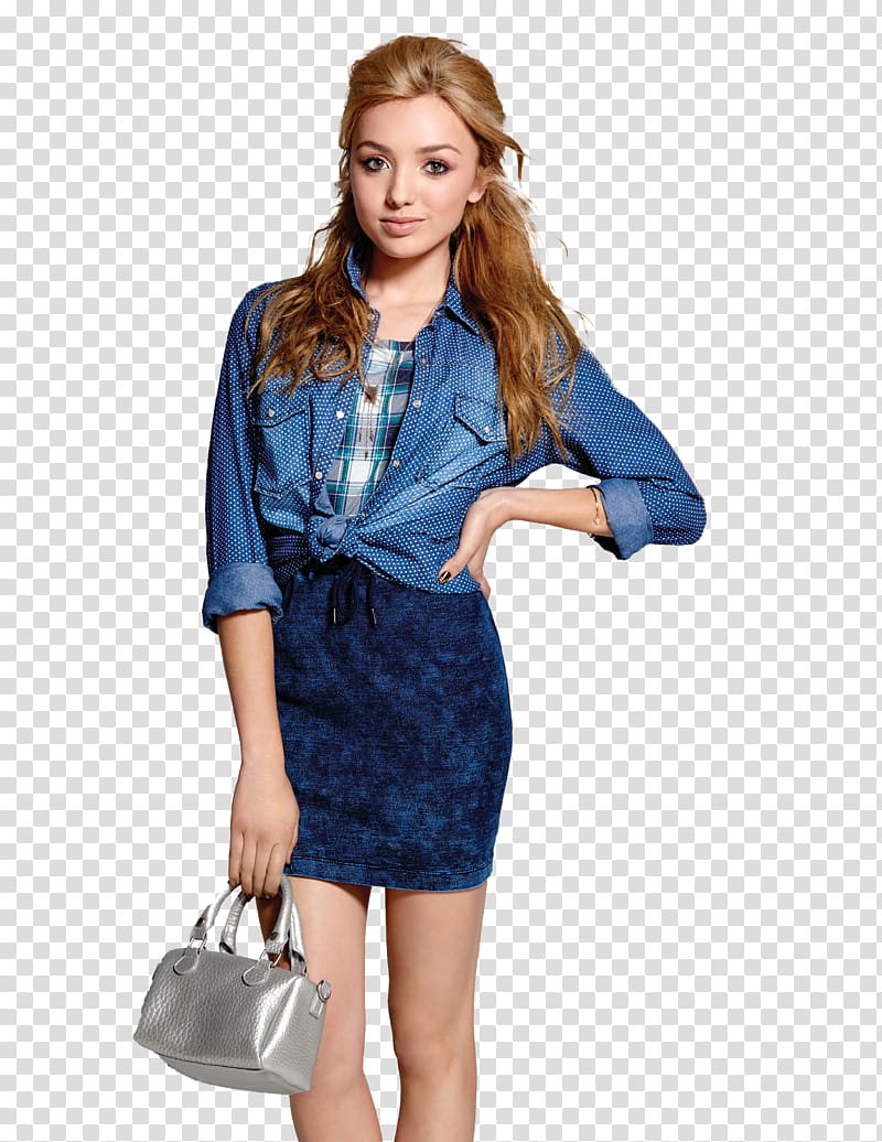 Peyton List , woman in blue skirt and blue denim jacket carrying grey handbag transparent background PNG clipart