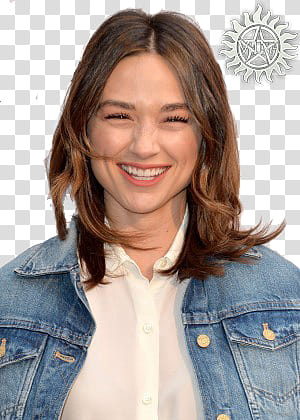 Crystal Reed, smiling woman wearing blue denim jacket transparent background PNG clipart