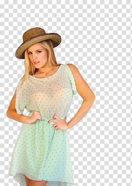 woman wearing brown hat and teal sheer cold-shoulder dress transparent background PNG clipart