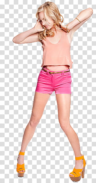 Candice Accola, woman in pink tank top and pink shorts holding neck transparent background PNG clipart