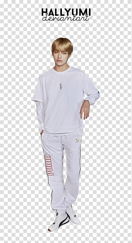Verdeelstuk Monica applaus BTS PUMA, man standing wearing white crew-neck shirt, pants and pair of  white-and-black Puma sneakers transparent background PNG clipart | HiClipart