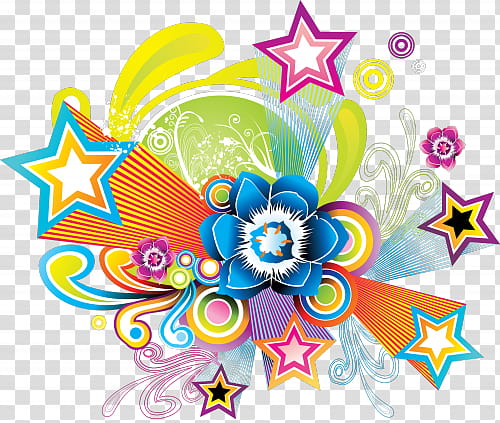 , multicolored flowers and stars illustration transparent background PNG clipart