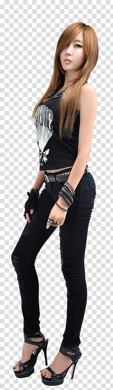 Girls Ulzzang Renders, brown-haired woman in black tank top and black skinny jeans posing for transparent background PNG clipart