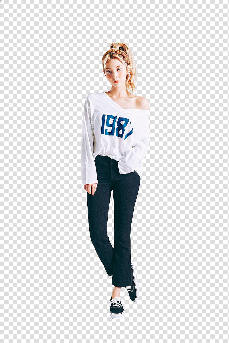 CHAE EUN, woman wearing white V-neck top and black pants transparent background PNG clipart