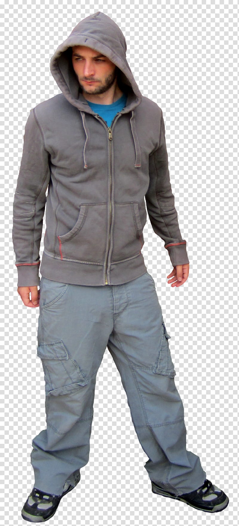 Standing, man wearing grey zip-up hoodie transparent background PNG clipart