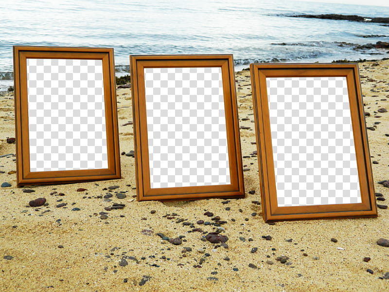 Beach Frames  HB, shallow focus of three brown wooden frames transparent background PNG clipart