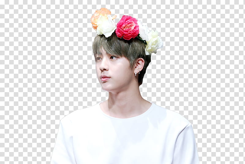 BTS JIN, man wearing flower hair decor transparent background PNG clipart