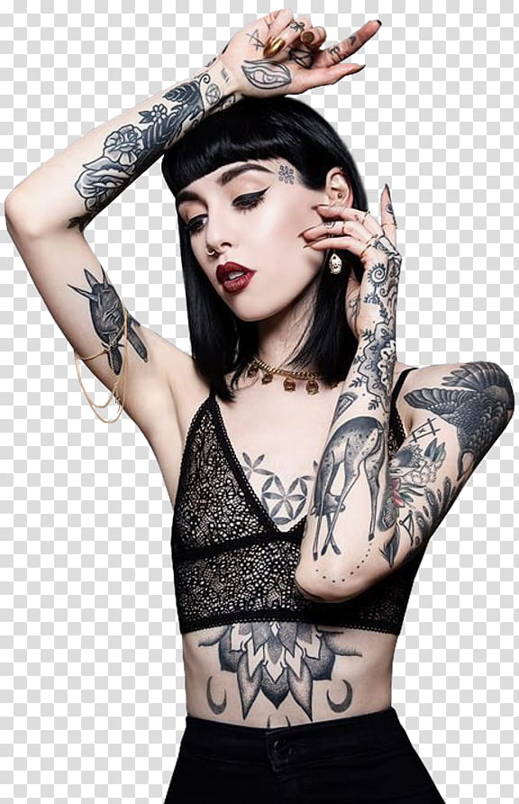 Hannah Snowdon, woman with body tattoos in black bra raising right hand transparent background PNG clipart