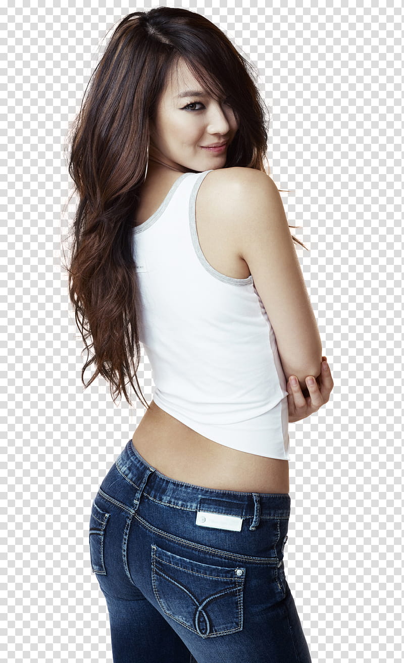 Shin Min Ah Render, woman wearing white tank top and blue jeans transparent background PNG clipart