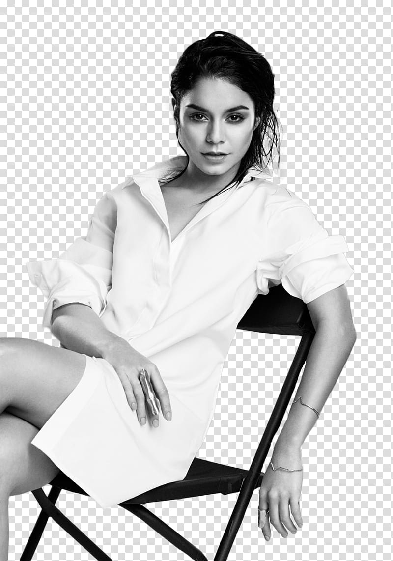 Vanessa Hudgens, woman wearing white dress shirt sitting on chair transparent background PNG clipart