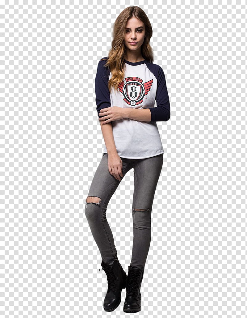 Bridgetsatterlee  ws, woman wearing white and blue raglan and gray distressed jeans transparent background PNG clipart