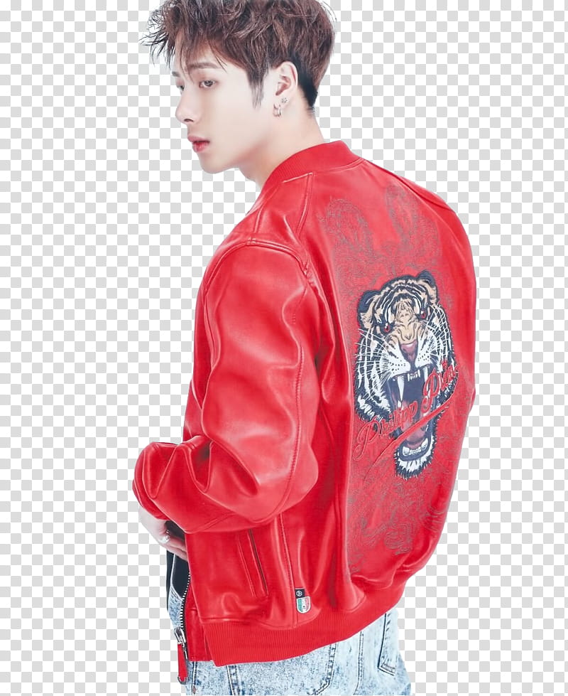 Jackson GOT, standing man wearing red tiger graphic leather jacket transparent background PNG clipart