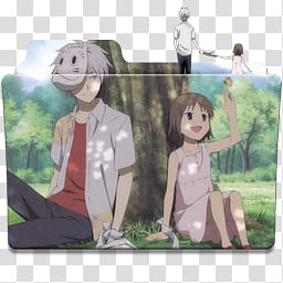 Anime Icon , hotarubi no mori e, male and girl anime sits on grass beside tree illustration transparent background PNG clipart