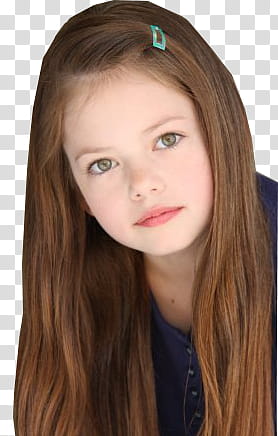 Mackenzie Foy wearing blue shirt with green hair clip transparent background PNG clipart