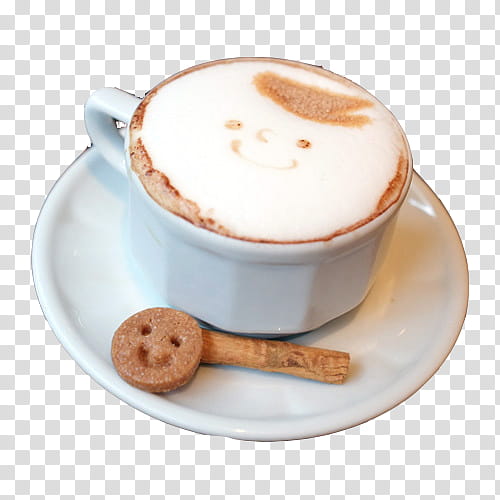 Watch, coffee latte art in round ceramic cup on top of saucer beside sliced stick transparent background PNG clipart