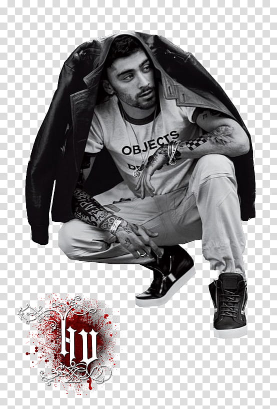 Zayn Malik, greyscale of man sitting on floor covered with jacket transparent background PNG clipart
