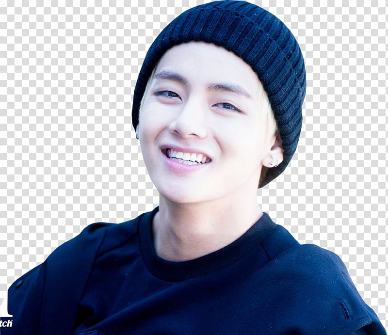 Taehyung BTS, man smiling and wearing black knit cap transparent background PNG clipart