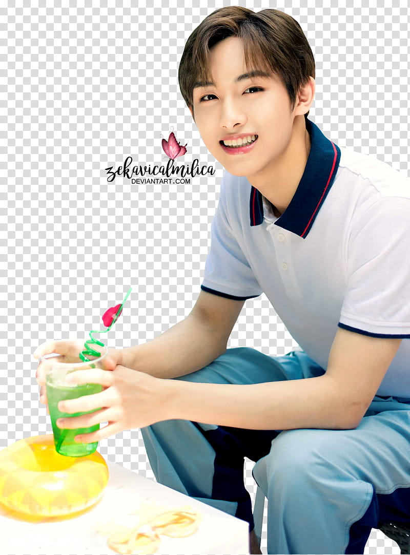 NCT Winwin Summer Vacation, smiling man wearing white polo shirt while holding clear drinking glass transparent background PNG clipart