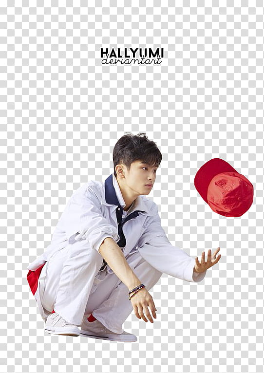 NCT DREAM WE GO UP, NCT Mark sitting while playing with his red hat transparent background PNG clipart