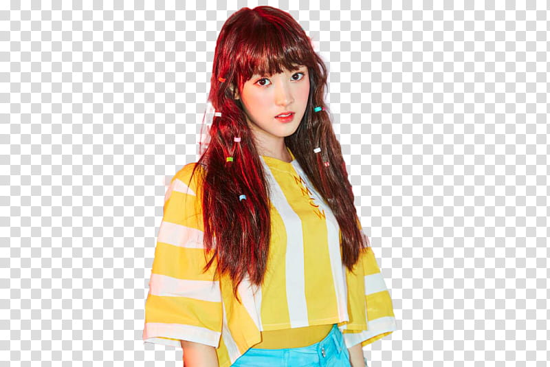 Weki Meki, woman wearing yellow and white striped top transparent background PNG clipart