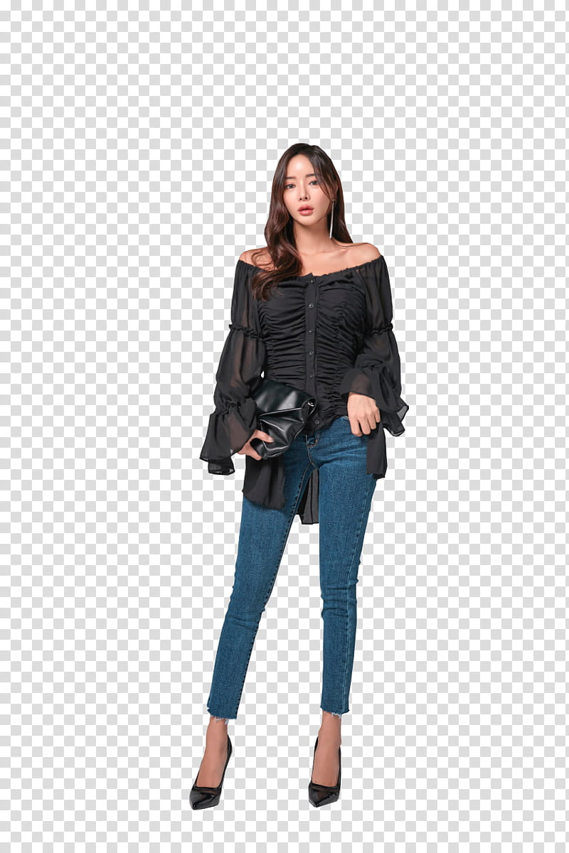 KIM BO RAM, woman wearing black boat-neck dress and blue skinny jeans transparent background PNG clipart