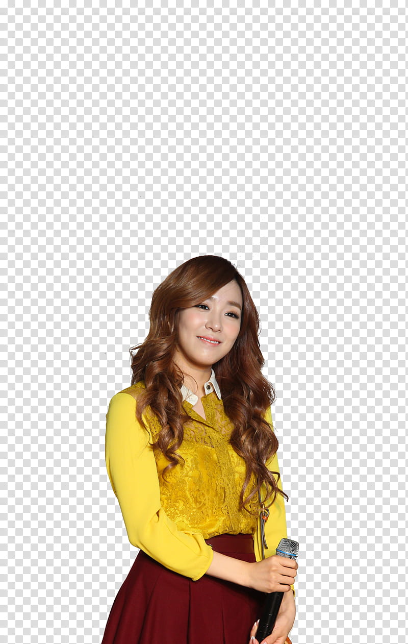 Tiffany Girls Generation, smiling woman wearing yellow long sleeved shirt with red skirt holding microphone transparent background PNG clipart