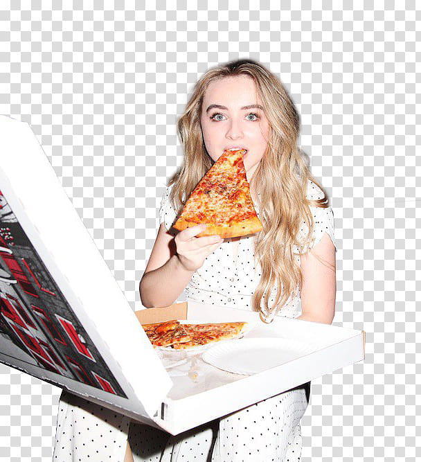Sabrina Carpenter , woman in white and black polka dot dress eating pizza transparent background PNG clipart