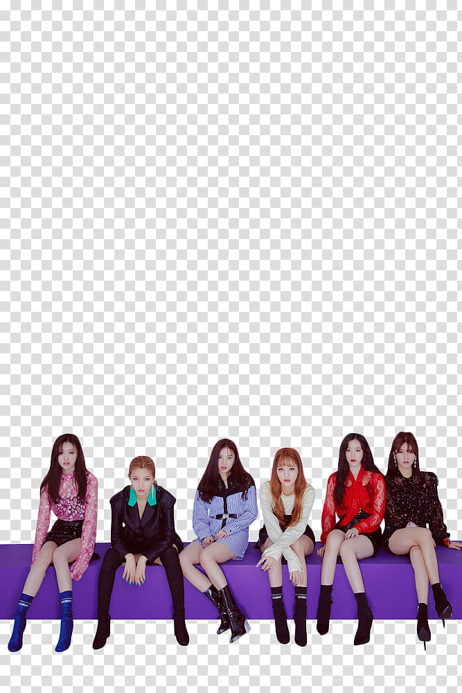 G I DLE , group of women sitting on purple bench transparent background PNG clipart