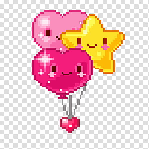 PASTEL PIXELS IV, star and two heart balloons art transparent background PNG clipart