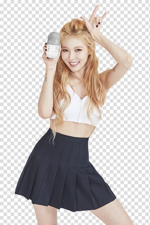 HyunA GRN, woman in white top and black skirt holding white bottle transparent background PNG clipart