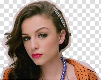Cher Lloyd, cutout of woman wearing hair clip beaded necklace, and polka-dot top transparent background PNG clipart
